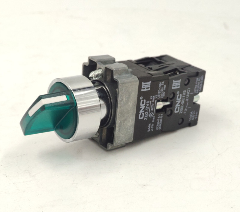 Переключатель 2-позиционный с подсветкой LAY5-BKF2365 зеленый IP65 1НО, 1НЗ